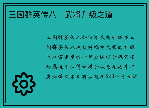 三国群英传八：武将升级之道